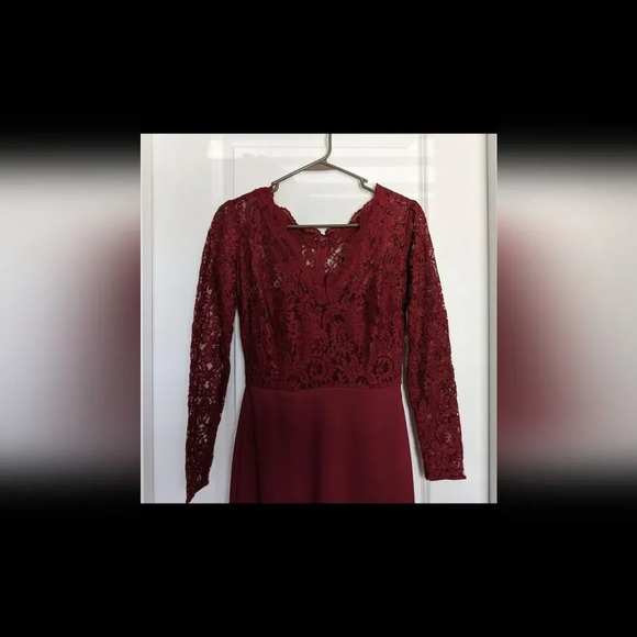 Dessy Collection Vivian Lace Long Sleeve Gown in Cabernet Size 2R - Picture 3 of 7